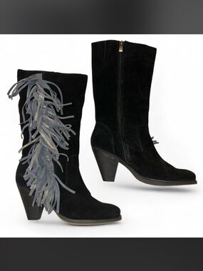 Reba Black Suede Fringe Heeled Boots 🖤